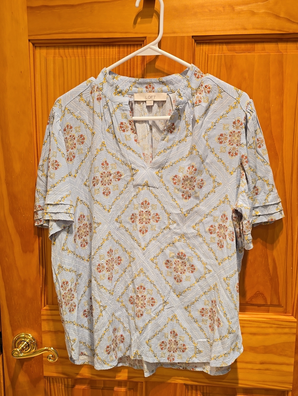 LOFT Light Blue Floral V-Neck Short Sleeve Top